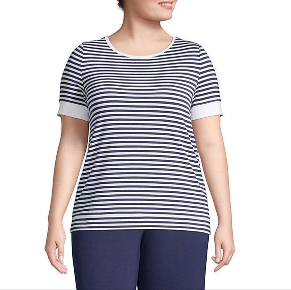 Lands End Navy Blue White Nautical Stripe Crew Neck Stretch T-Shirt Top Plus 2X - Picture 1 of 11